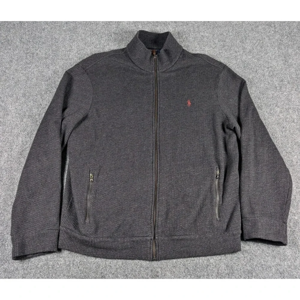 Polo Ralph Lauren Full Zip Sweater Mens‎ Large Heather Black Soft Fleece Lined